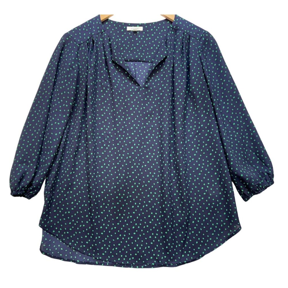 Pleione Womens V-Neck Blouse Top Size L Navy Green Polka Dot 3/4 Sleeve Retro